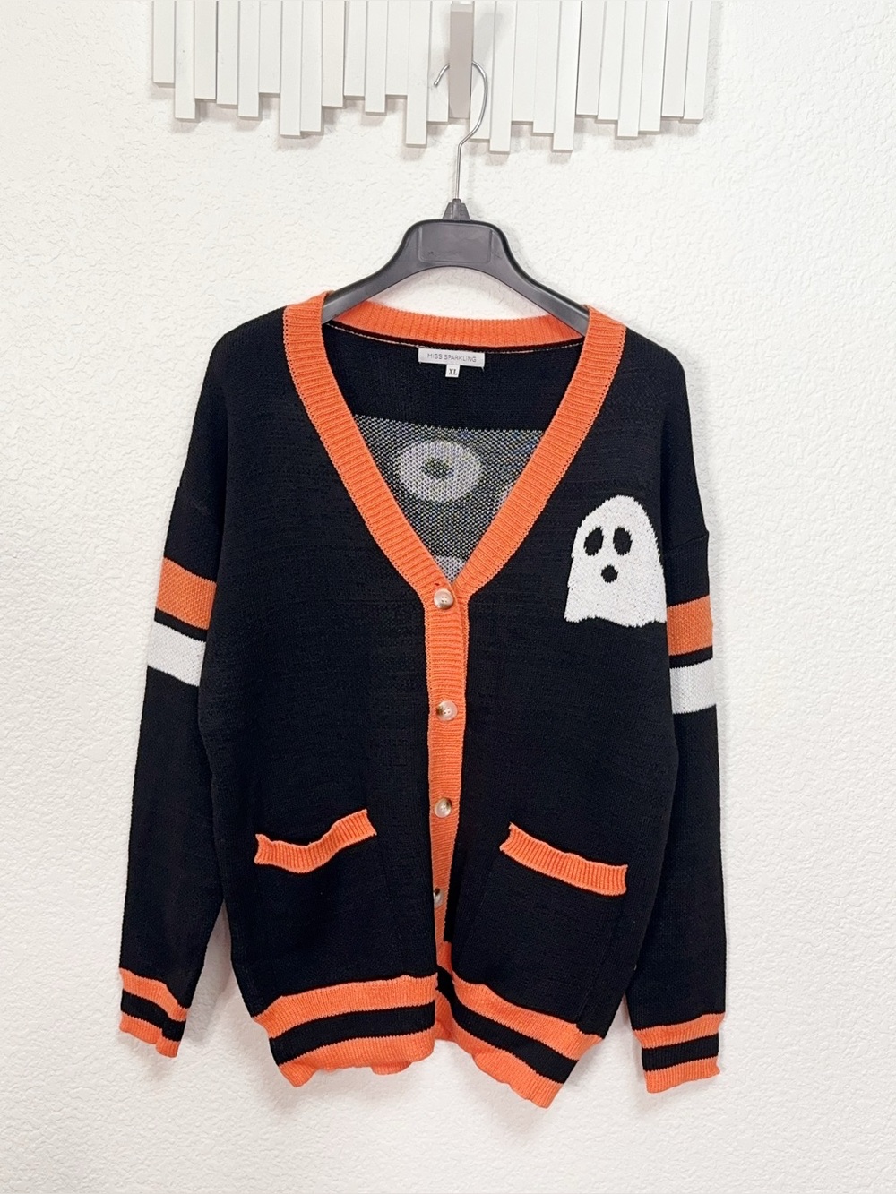 Miss Sparkling Halloween Ghost Boo Black Orange Oversized Button Cardigan Sweate